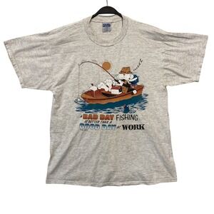 Vintage T-Shirt Size L 80s Cartoon Cat A Bad Day at Fishing is better than Work